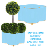 Baby Blue Hand Painted 12” Quatrefoil Cachepot with Gold Feet