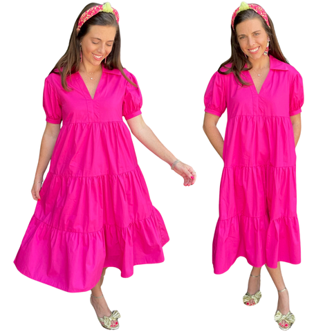 Poplin Fuchsia Puff Sleeve Rosemary Collared Dress with Pockets