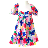 White Primary Floral Puff Sleeve Mallory Dress