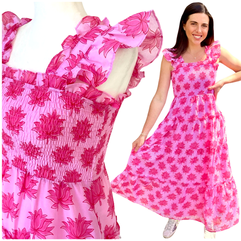 Pink Ruffled Flutter Sleeve Smocked Lotus Print Eloise Dress