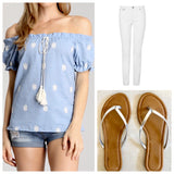 Chambray Off the Shoulder Embroidered Top with Tassel Tie