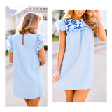 Baby Blue with White & Cerulean Blue Flutter Sleeve Embroidered Textile Linen Blend Shift Dress with Ruffle Bust & Keyhole Back
