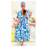 Azure Blue & White Puff Sleeve Resort Dress with Bow Front