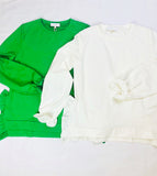 Kelly Green or Ivory French Terry Ruffle Hem Top with Smocked Sleeves