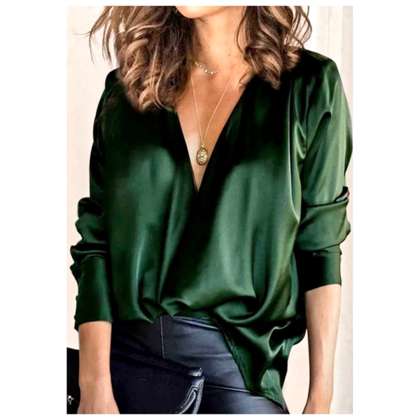 Emerald Green Satin V-Neck Blouse with Mandarin Collar - James Ascher