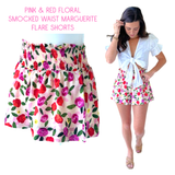 Pink & Red Floral Smocked Waist Marguerite Flare Shorts