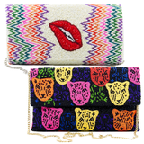 Hand Beaded Lips & Tiger Bag with Optional Shoulder Chain