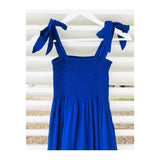 Royal Blue Smocked A-Line Midi Dress with Shoulder Ties