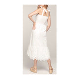 White Eyelet Smocked Ruffle Hem Midi Dress with Shoulder Ties