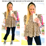 Brown Leopard Print Smocked Flutter Sleeve Top with BOW BACK