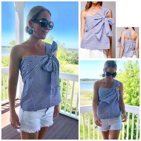 Blue White Stripe One Shoulder Bow Top