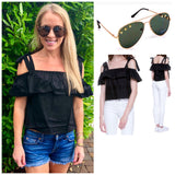 Black Cold Shoulder Ruffle Top with Tie Sleeves