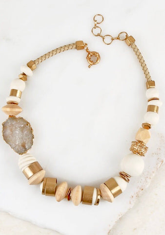 Mixed Metal and Wood Statement Necklace with Gold and Rope Detail and Electroplated Druzy Stone Accent