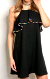 Black Halter Dress with Ruffle Bust & Micro Pom Pom Embroidery