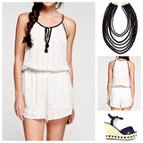 Off White and Black Snail Print Romper with Tassel Ties