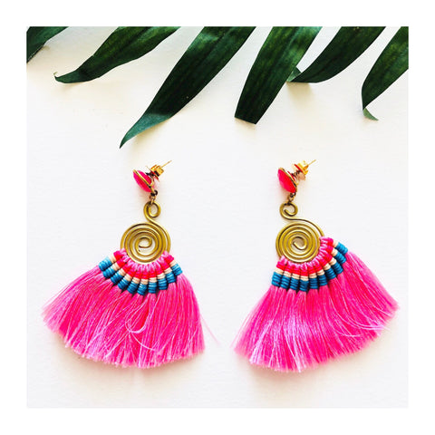Gold & Blue Threaded Pink Tassel Earrings