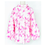 Pink & Ivory Puff Sleeve CORDUROY High Low Hem Top with Shirred Back