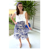 Blue Chinois Safari Smocked Ruffle Waist Skirt