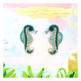 Handmade Turquoise Beaded Rhinestone & Pearl Seahorse Earrings