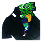 Black Short Sleeve French Terry Top with Sequin Peacock