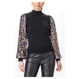 Black Knit Mock Neck Top with Sequin Banded Balloon Sleeves
