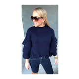 Navy Blue 3/4 Sleeve Sweater with Contrasted Tiered Ribbed Ruffle Sleeves