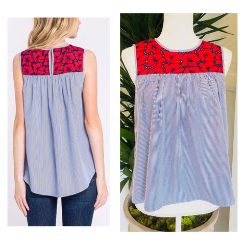 Blue White Pinstripe Poppy Lace Embroidered High Low Sleeveless Blouse with Keyhole Back