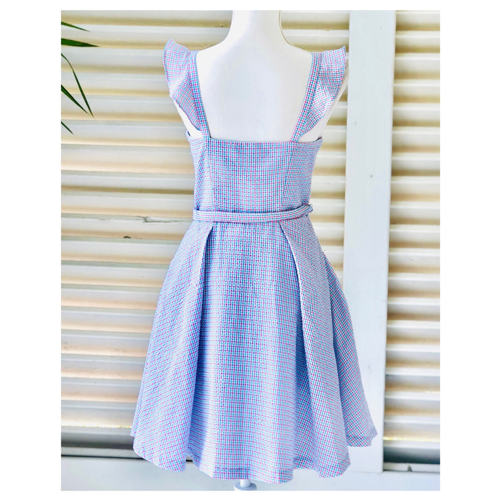 Pink & Blue Seeesucker Gingham Flutter Sleeve Dress with Bustier