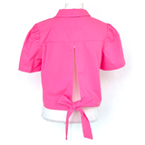 Hot Pink Poplin Puff Sleeve Button Down Bow Back Top