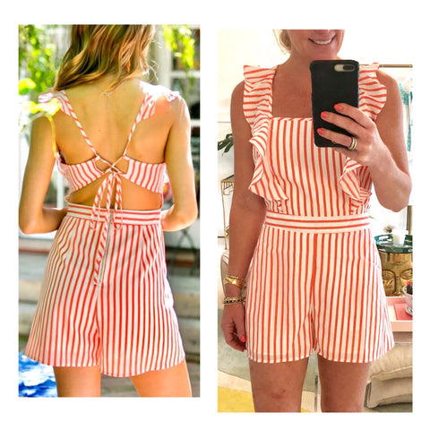 Coral & White Stripe Ruffle Open Back Romper with Banded Waist & Pockets