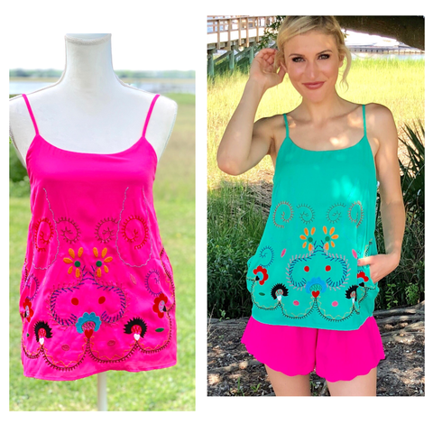 Jade Green or HOT Pink Embroidered Mexicali Tops