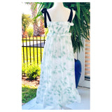 White & Mint Green Floral Maxi with Black Shoulder Ties & Smocked Ruffle Bust