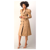 Camel Shirred Puff Sleeve Double Breasted Sophisticated Belted Trench Coat