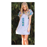 Blue & White Pinstripe Multicolor Embroidered Textile Short Sleeve Shift Dress