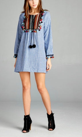 Blue White Stripe Embroidered Long Sleeve Tunic Dress with Pom Pom and Tassels