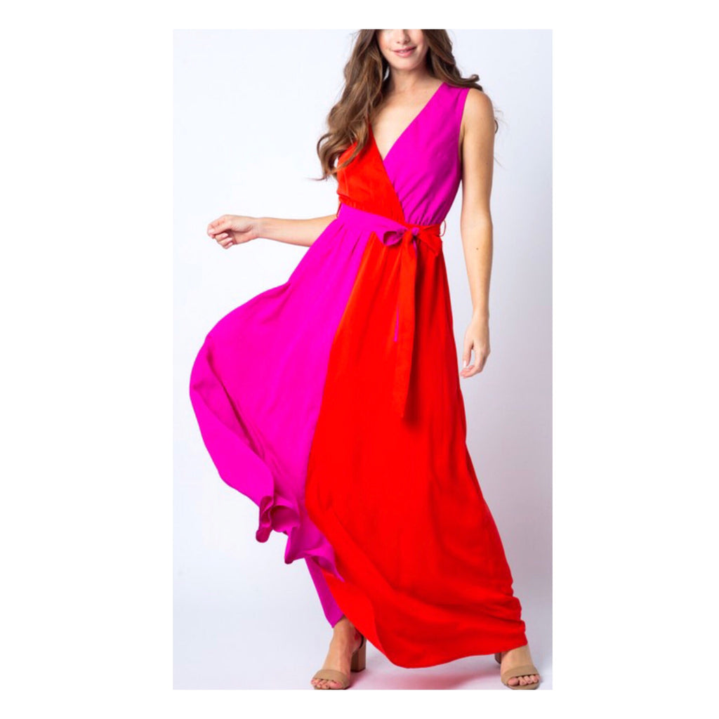 Red & Fuchsia Colorblock Maxi Dress with Self Tie Belt - James Ascher
