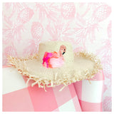 Natural Feathered & Embroidered Flamingo Paper Straw Frayed Edge Hat with Adjustable Drawstring