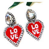 Handmade Crystal Rhinestone Teardrop & Red Needlepoint LOVE Earrings