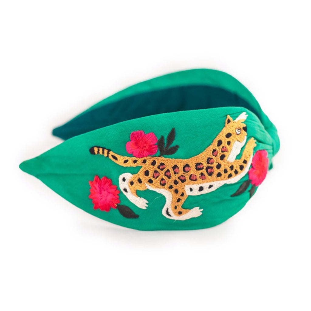 HANDMADE Kelly Green Embroidered Leopard Headband - James Ascher