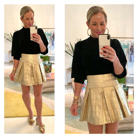 Gold High Waisted Pleated Jaquard Flared Skater Skirt