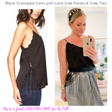 Black Scalloped Cami with Lace Side Panels & Side Ties