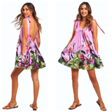 Sigal Tropical Hawaiian Lily Tie Shoulder Romper Dress with Pockets