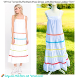 White Tiered Ruffle Hem Maxi Dress with Rainbow Ladder Trim & POCKETS