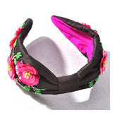 Black Hot Pink & Seafoam Green Beaded Headband with Pink Satin Contrast
