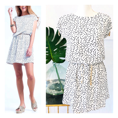 White & Black Spot Short Sleeve Dress with Taupe Textured Ribbon Waist & Shoulder Ties & Keyhole Back