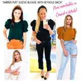 Emerald Green, White, Camel OR Black Shirred Puff Sleeve Blouse with Keyhole Back