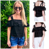 Black Cold Shoulder Ruffle Top with Tie Sleeves