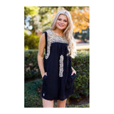 Black & Taupe Embroidered Textile Dress with POCKETS