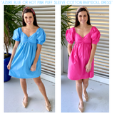 Azure Blue, RED or PINK Puff Sleeve Poplin Dress with Smocked Back