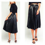 Black High Waisted PU Leather Pleated Midi Skirt